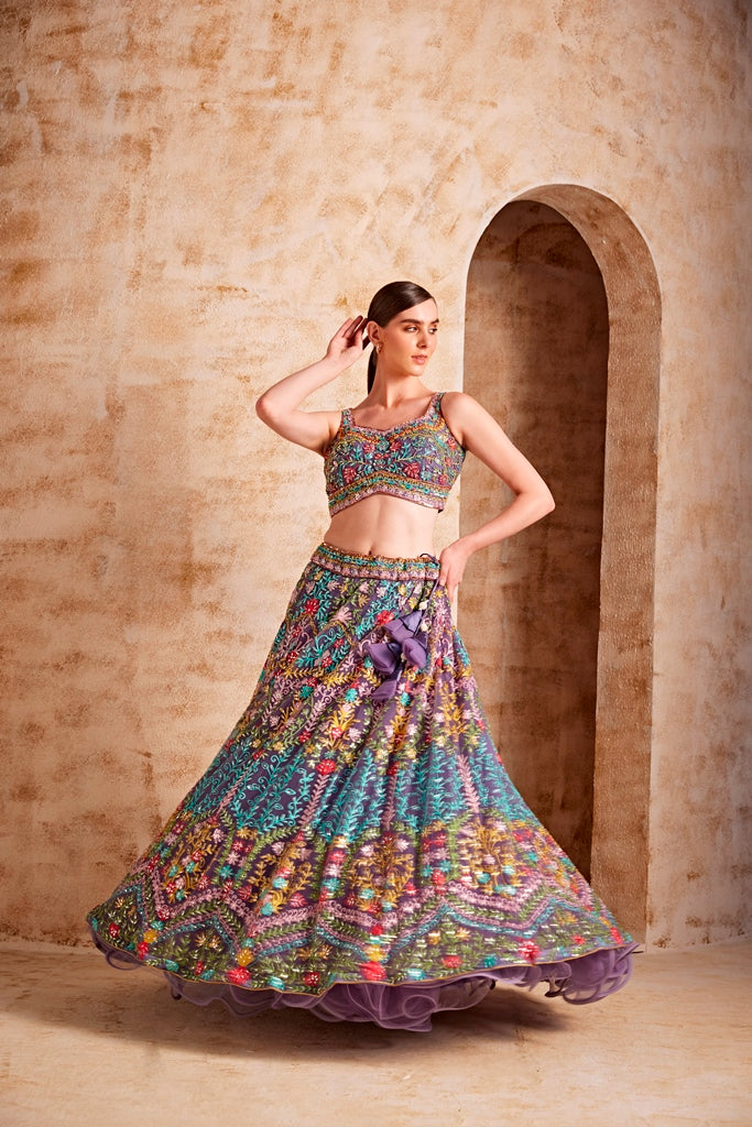 Neerus Wine Color Nett Fabric Embroidered Ghagra Set