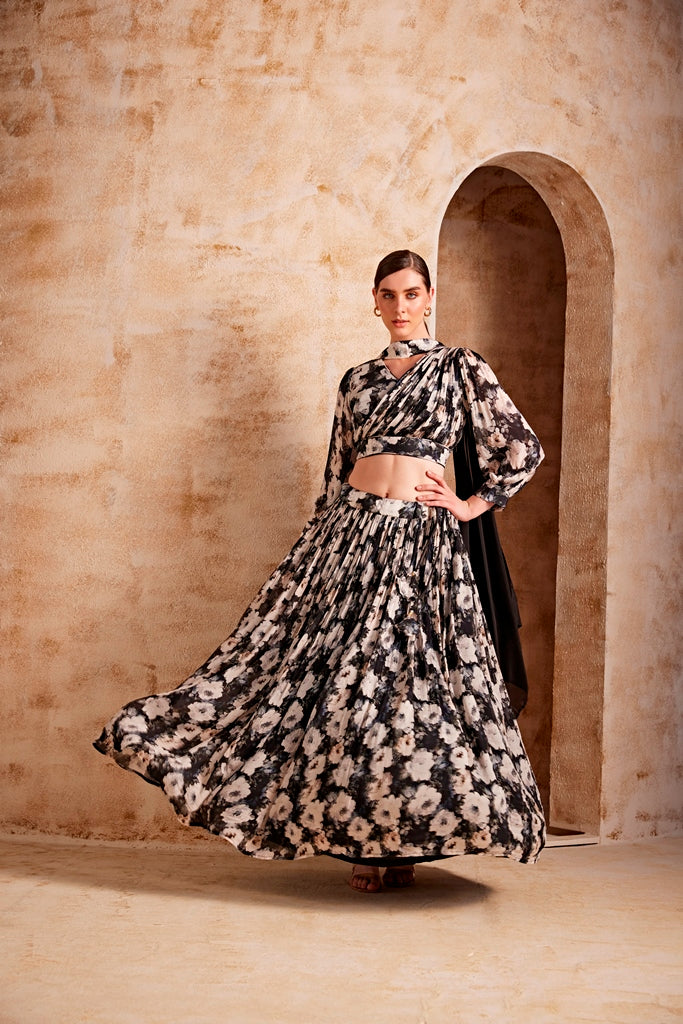 Neerus Blue ethnic flared lehenga set - back view