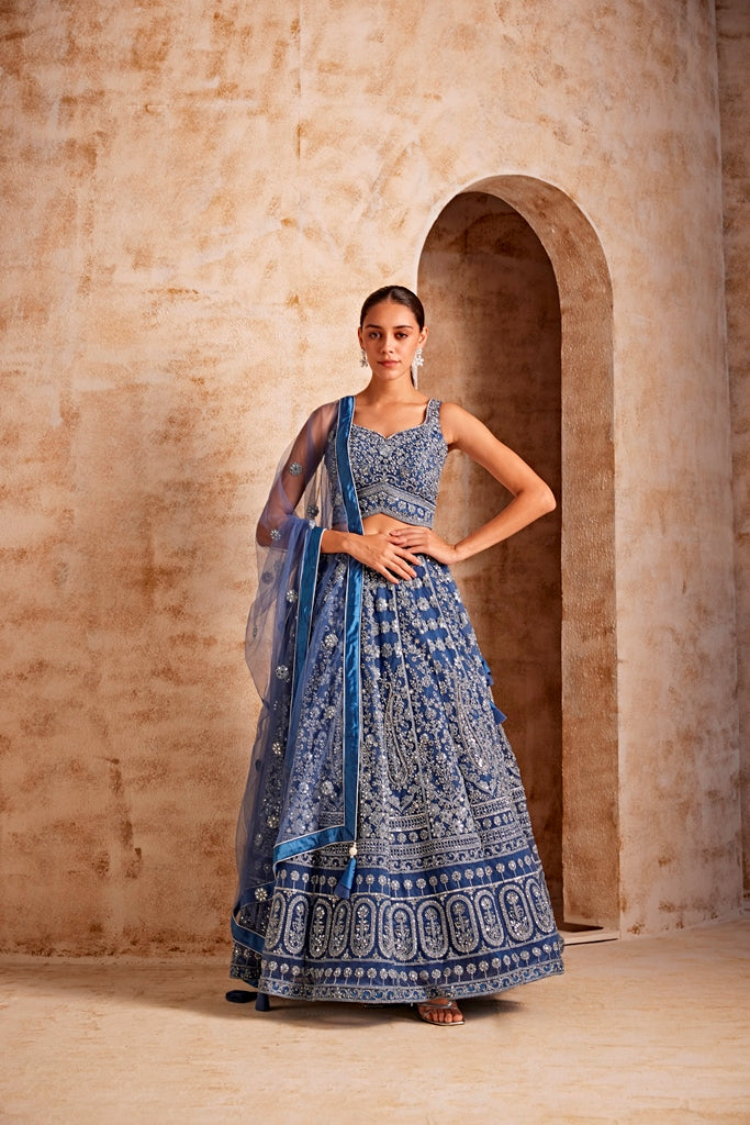 Neerus Women Blue Color Embroidered Ghagra Set
