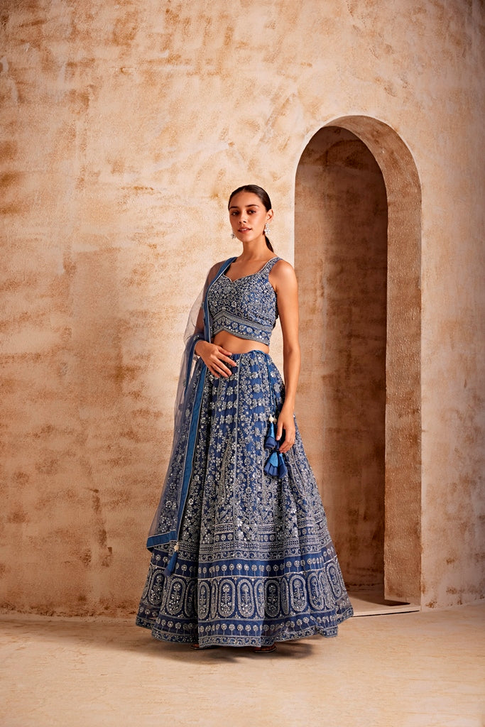 Neerus Women Blue Color Embroidered Ghagra Set