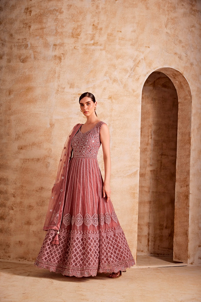 Neerus Women Onion Color Nett Fabric Gown