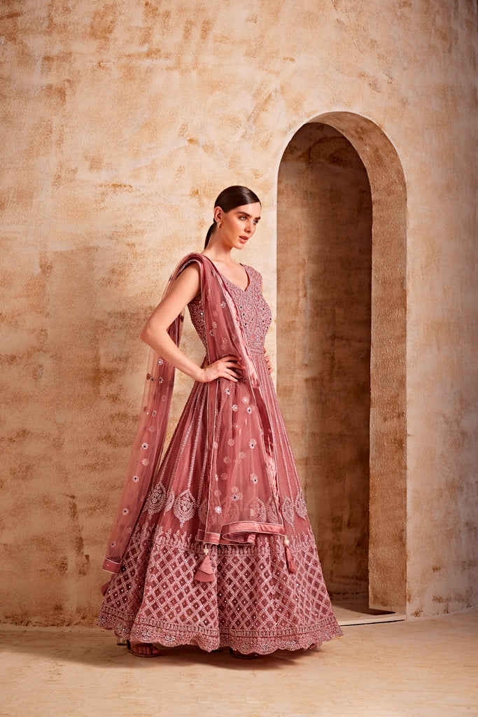 Neerus Women Onion Color Nett Fabric Gown