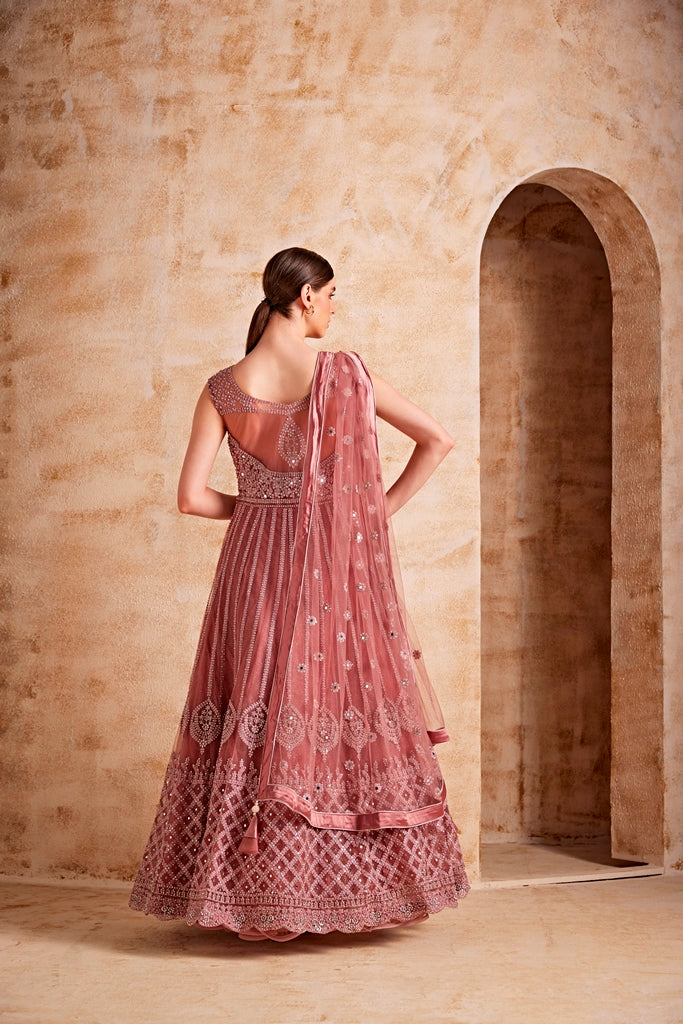 Neerus Women Onion Color Nett Fabric Gown