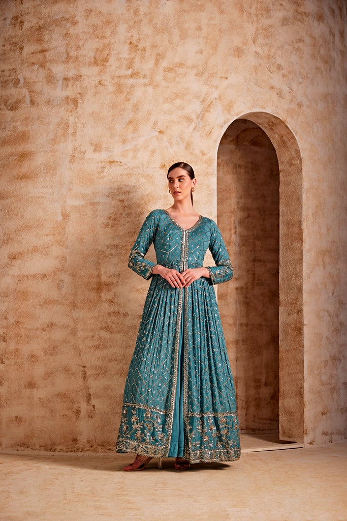 Neerus Blue Color Crepe Fabric Dresss