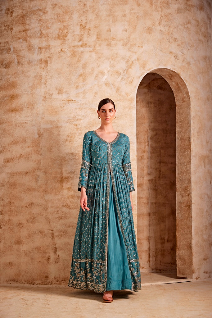 Neerus Blue Color Crepe Fabric Dresss