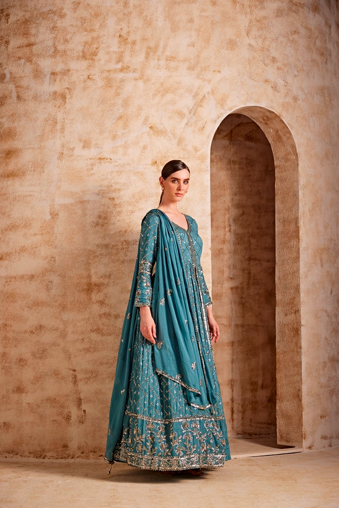 Neerus Blue Color Crepe Fabric Dresss