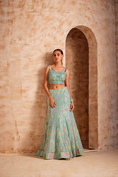 NEERU'S SEA GREEN COLOR NETT FABRIC GHAGRA SET