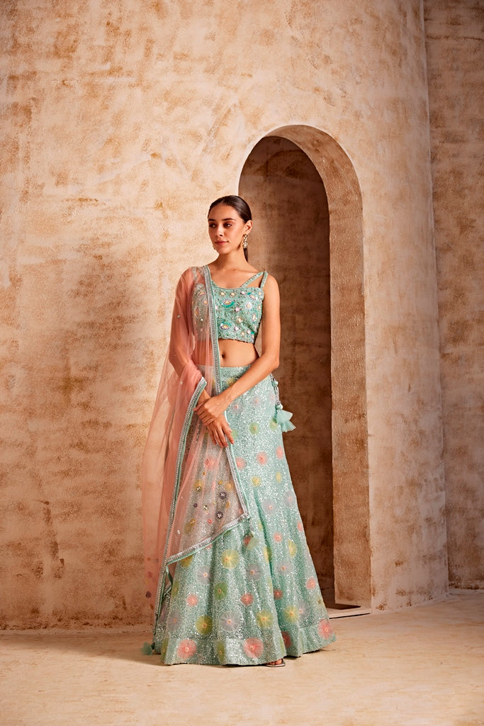 NEERU'S SEA GREEN COLOR NETT FABRIC GHAGRA SET