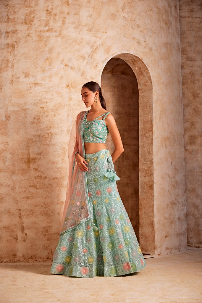 Neerus Sea Green Color Nett Fabric Ghagra Set