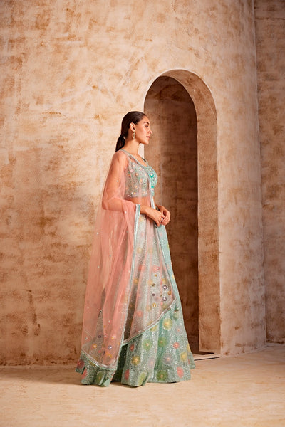 NEERU'S SEA GREEN COLOR NETT FABRIC GHAGRA SET