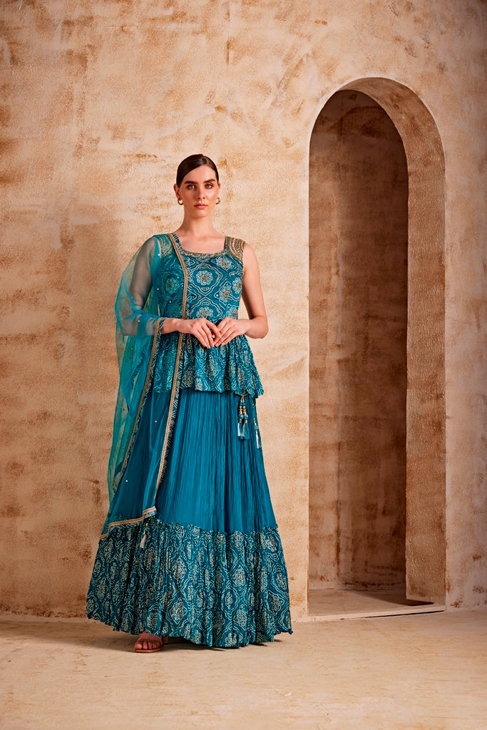 Neerus Green silk embroidered suit set - front view