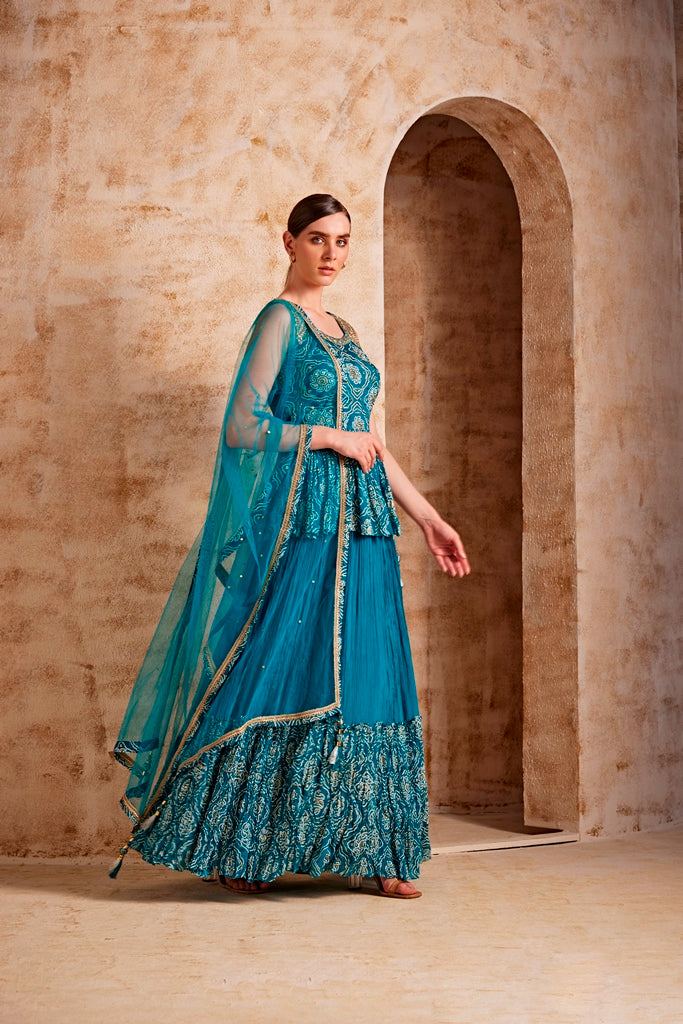 Neerus Green silk embroidered suit set - back view