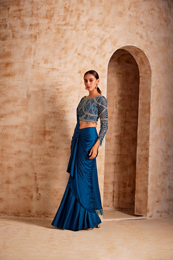 Neerus Women Peacock Color Satin Fabric Ghagra Set