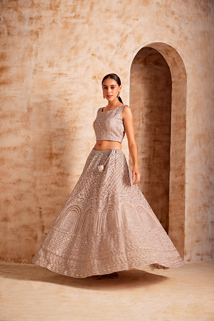 Neerus Women Beige Color Nett Fabric Ghagra Set