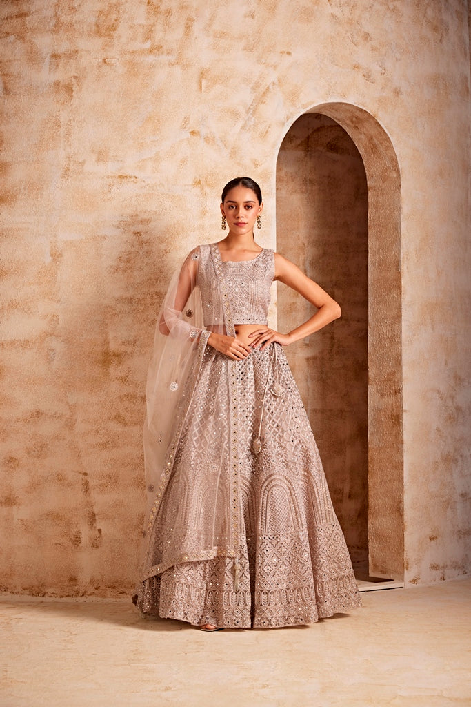 Neerus Women Beige Color Nett Fabric Ghagra Set