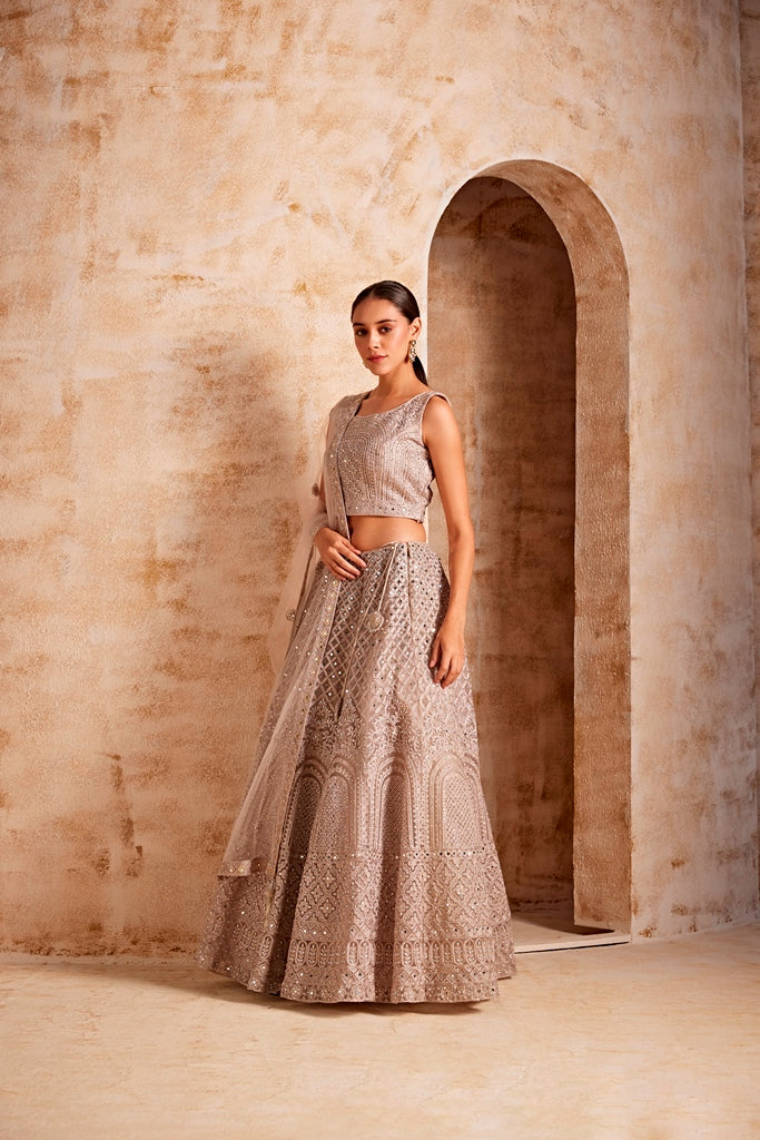 Neerus Women Beige Color Nett Fabric Ghagra Set