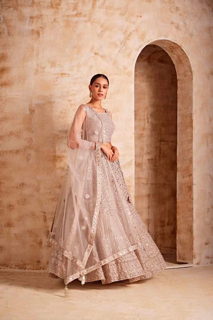 Neerus Women Beige Color Nett Fabric Ghagra Set