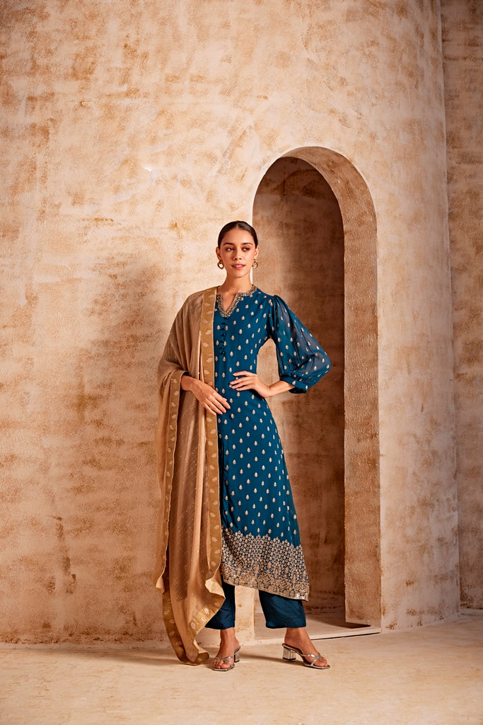 Neerus Blue Georgette Printed Kurta Set - front view
