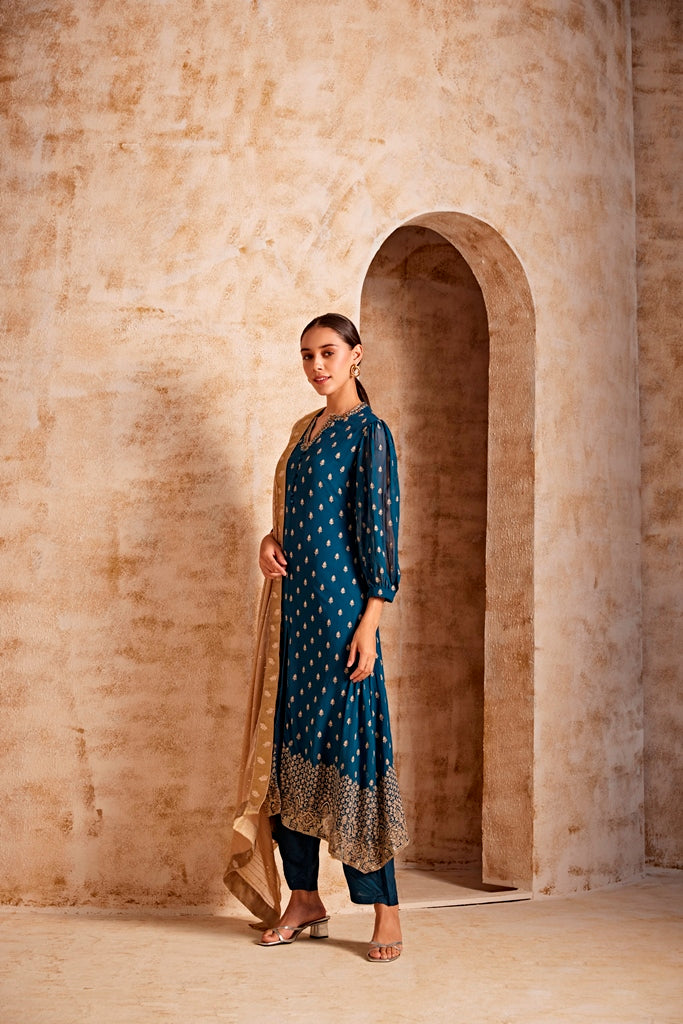 Neerus Blue Georgette Printed Kurta Set - back view