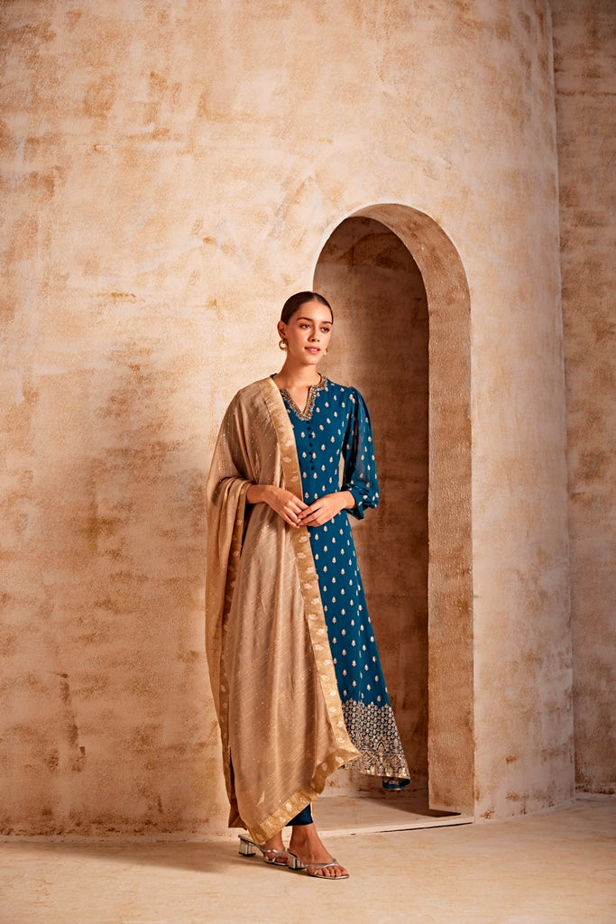 Neerus Blue Georgette Printed Kurta Set - side view