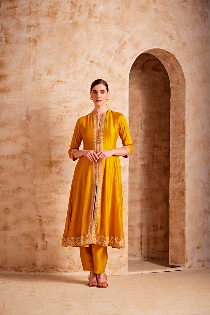 Neerus Yellow embroidered suit set with pant and dupatta - front view