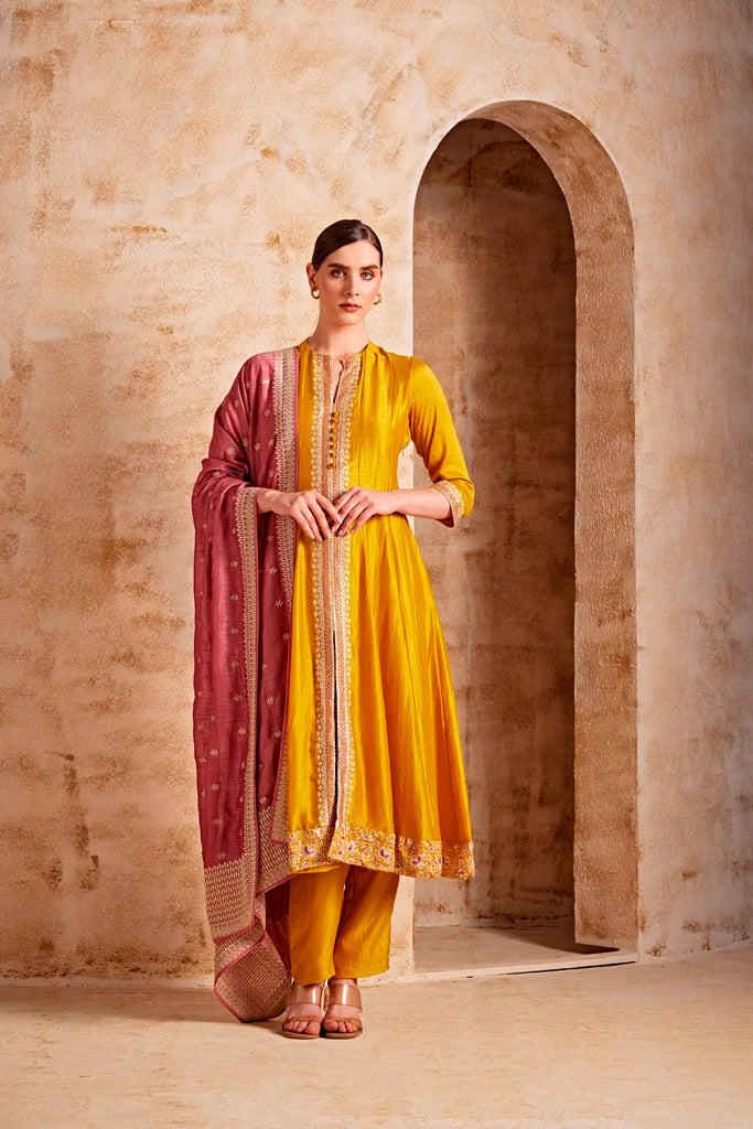 Neerus Yellow embroidered suit set with pant and dupatta - back view