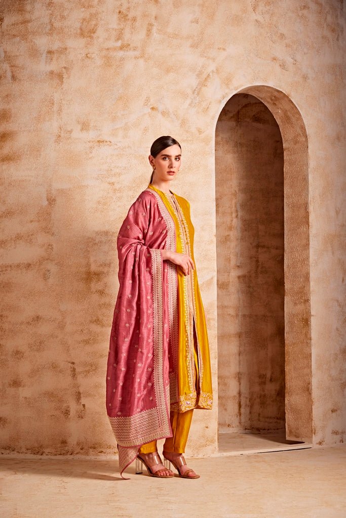 Neerus Yellow embroidered suit set with pant and dupatta - side view