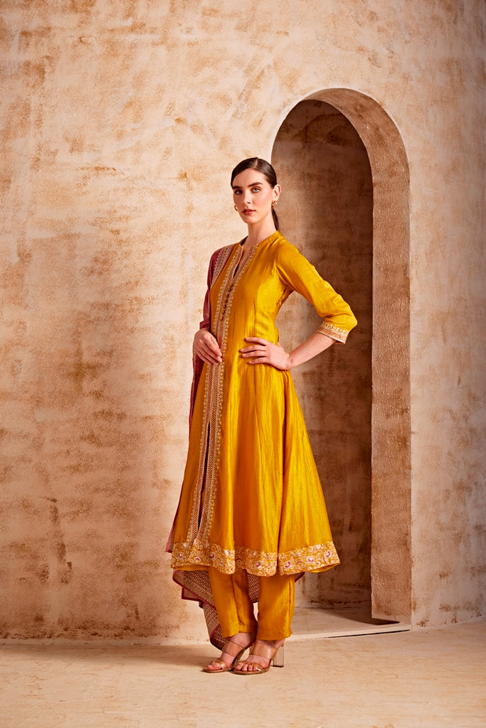 Neerus Yellow embroidered suit set with pant and dupatta - detail view 1