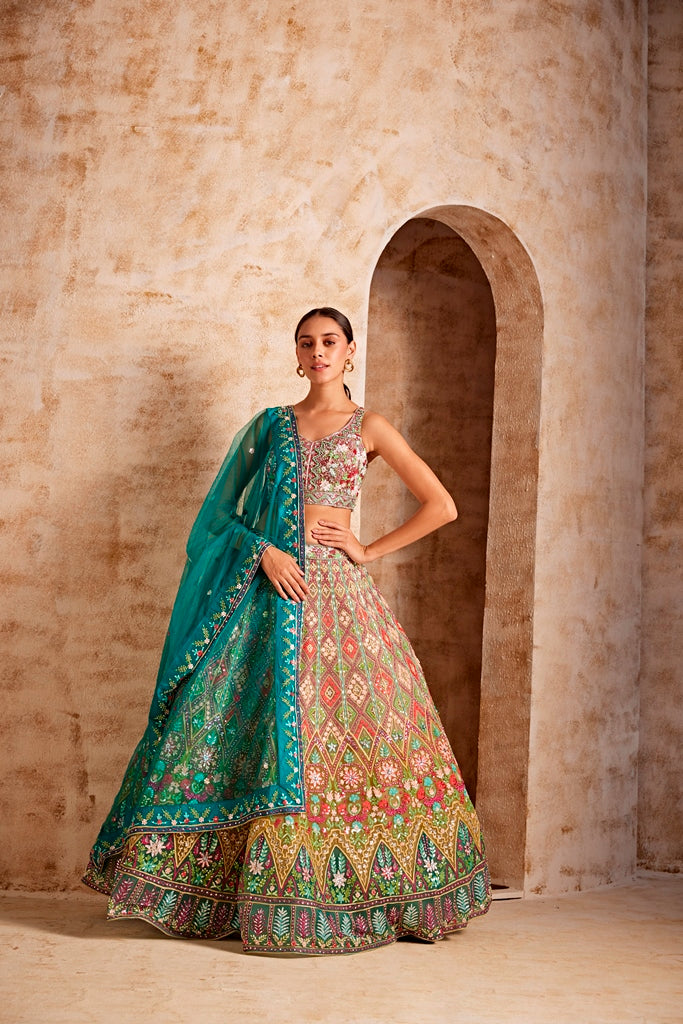 Neerus Women Mehadi Green Color Nett Fabric Ghagra Set