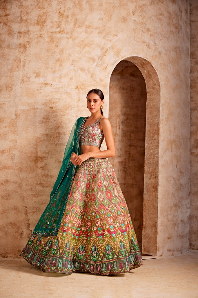 Neerus Women Mehadi Green Color Nett Fabric Ghagra Set