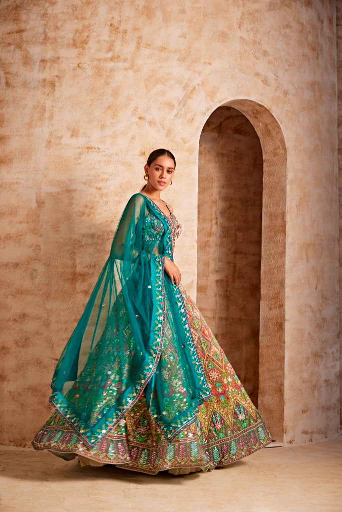 Neerus Women Mehadi Green Color Nett Fabric Ghagra Set