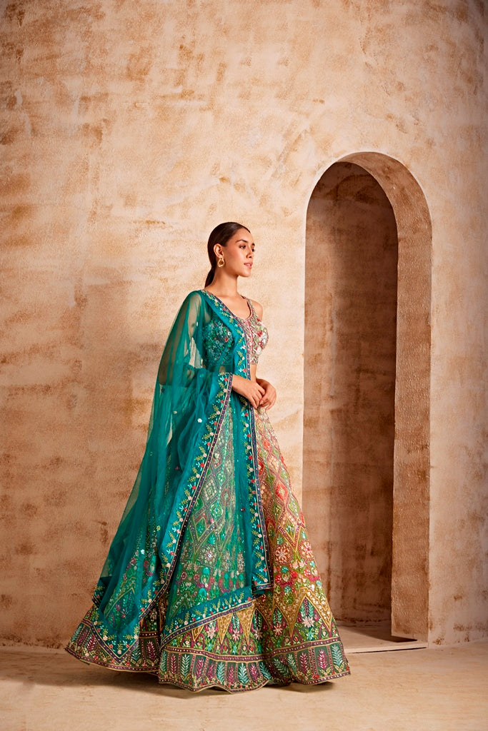 Neerus Women Mehadi Green Color Nett Fabric Ghagra Set