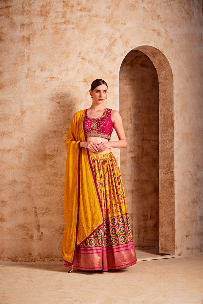 Neerus Maroon Banarasi woven lehenga set - front view