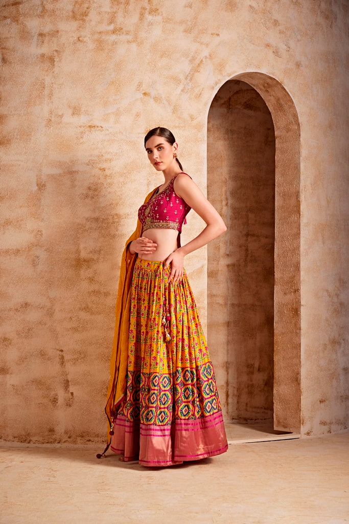 Neerus Maroon Banarasi woven lehenga set - side view