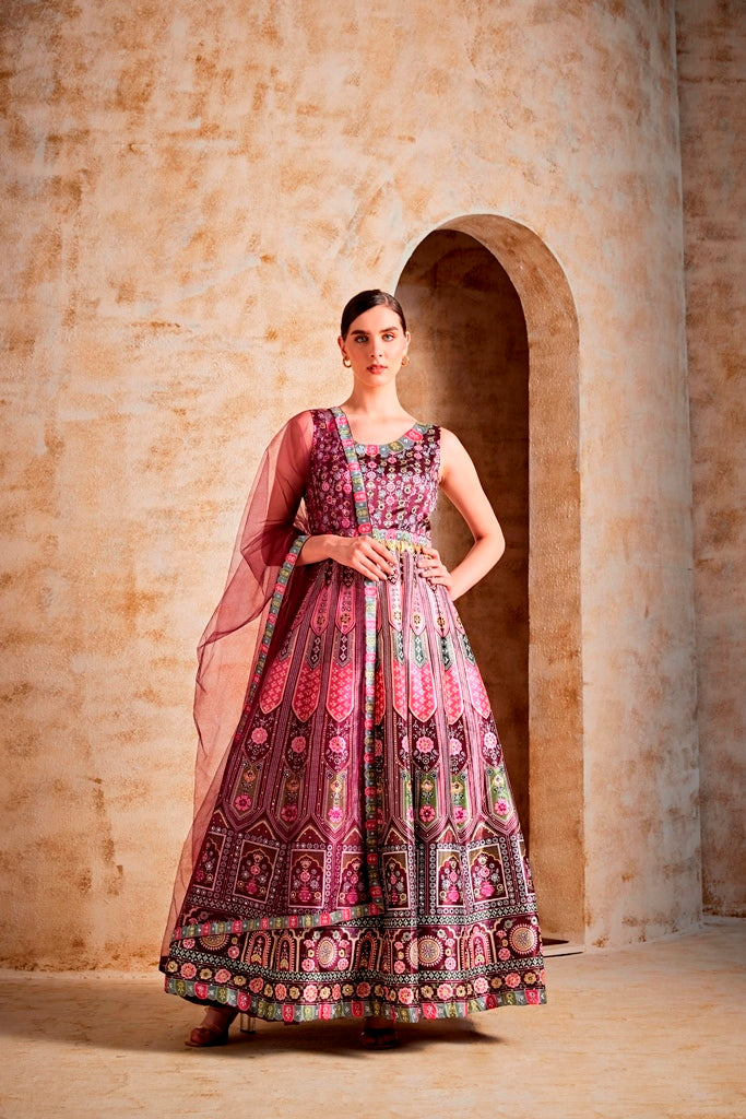 Neerus Wine Color Silk Fabric Gown