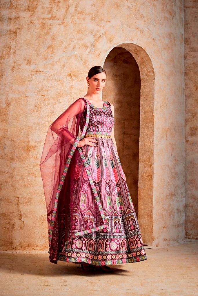 Neerus Wine Color Silk Fabric Gown