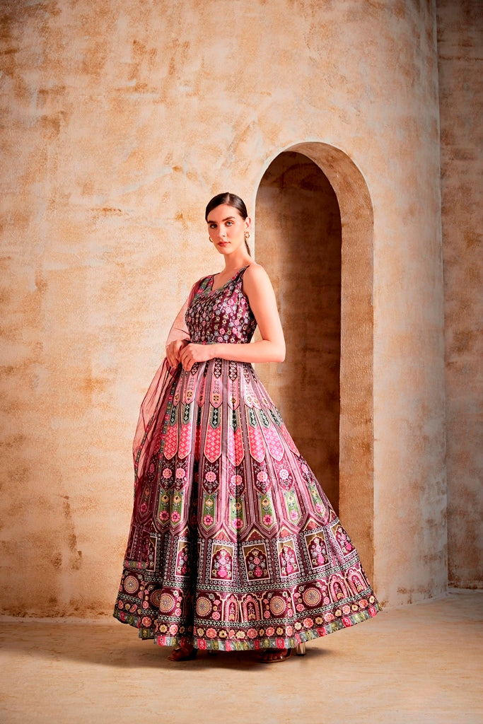 Neerus Wine Color Silk Fabric Gown