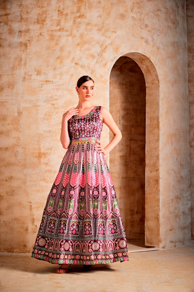 Neerus Wine Color Silk Fabric Gown