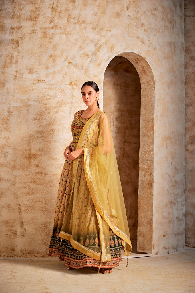 Neerus Lemon Color Banaras Fabric Gown