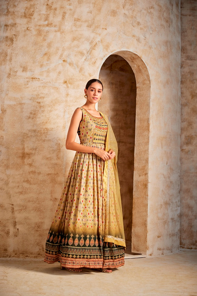 Neerus Lemon Color Banaras Fabric Gown