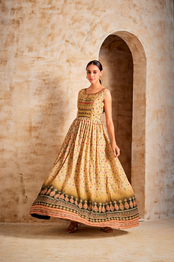 Neerus Lemon Color Banaras Fabric Gown