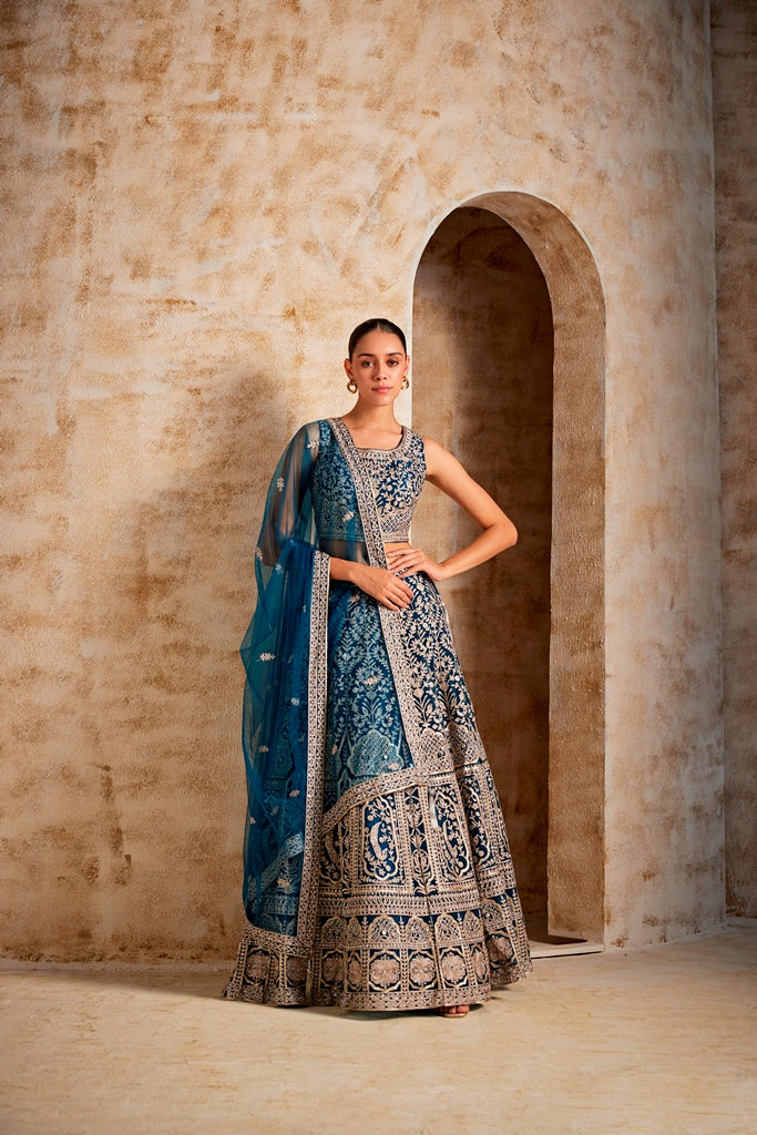 Neerus Blue embroidered lehenga ghagra set - front view