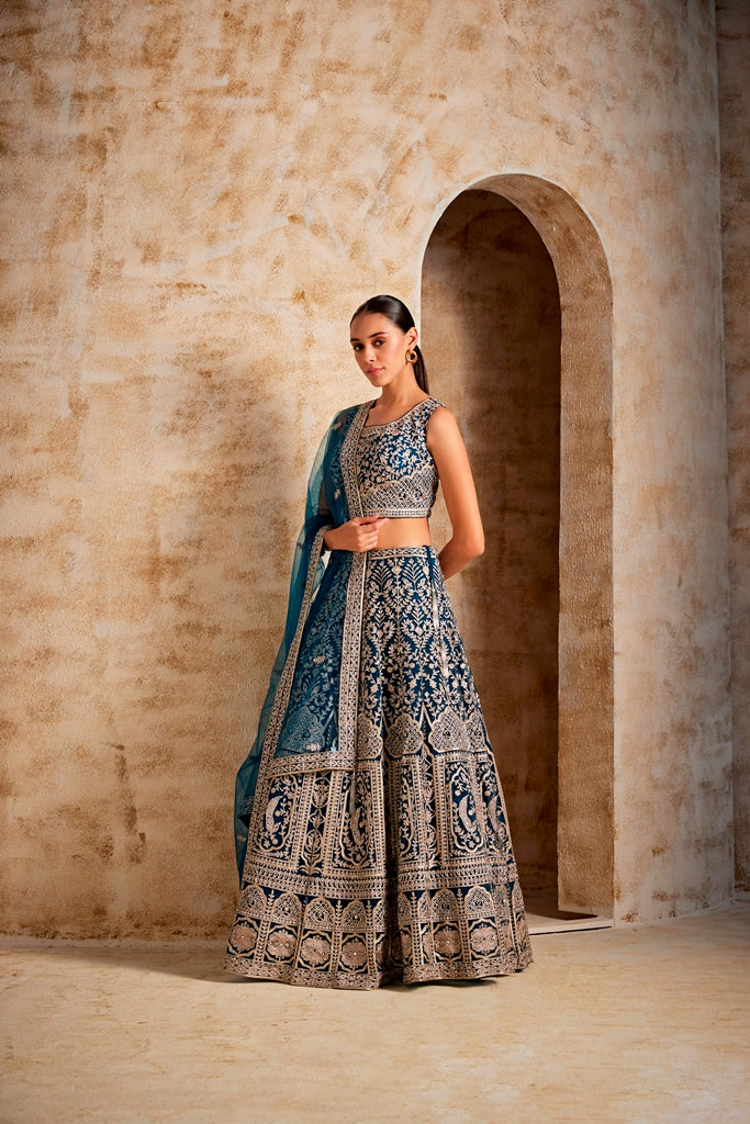 Neerus Blue embroidered lehenga ghagra set - back view