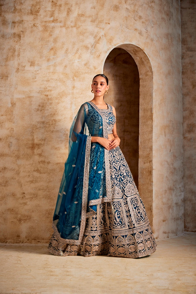 Neerus Blue embroidered lehenga ghagra set - side view