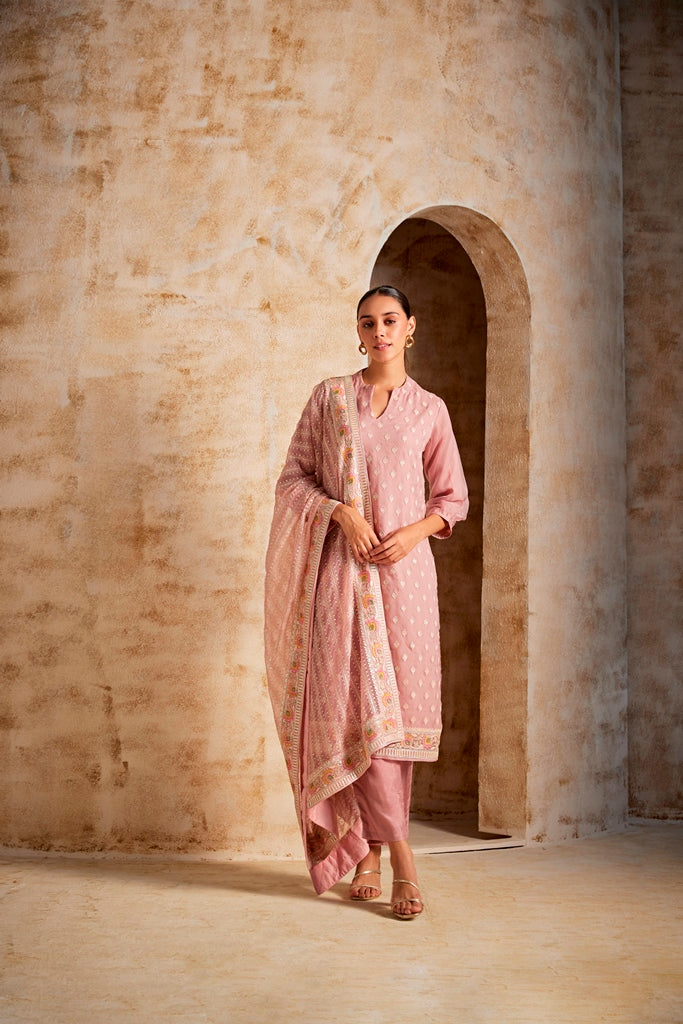 Neerus Pink georgette kurta set - front view
