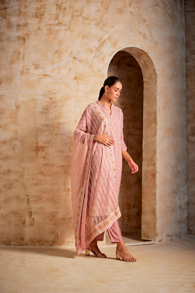 Neerus Pink georgette kurta set - back view