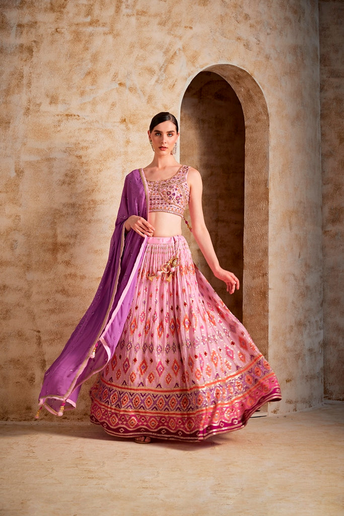 Neerus Baby Pink Color Banaras Fabric Ghagra Set