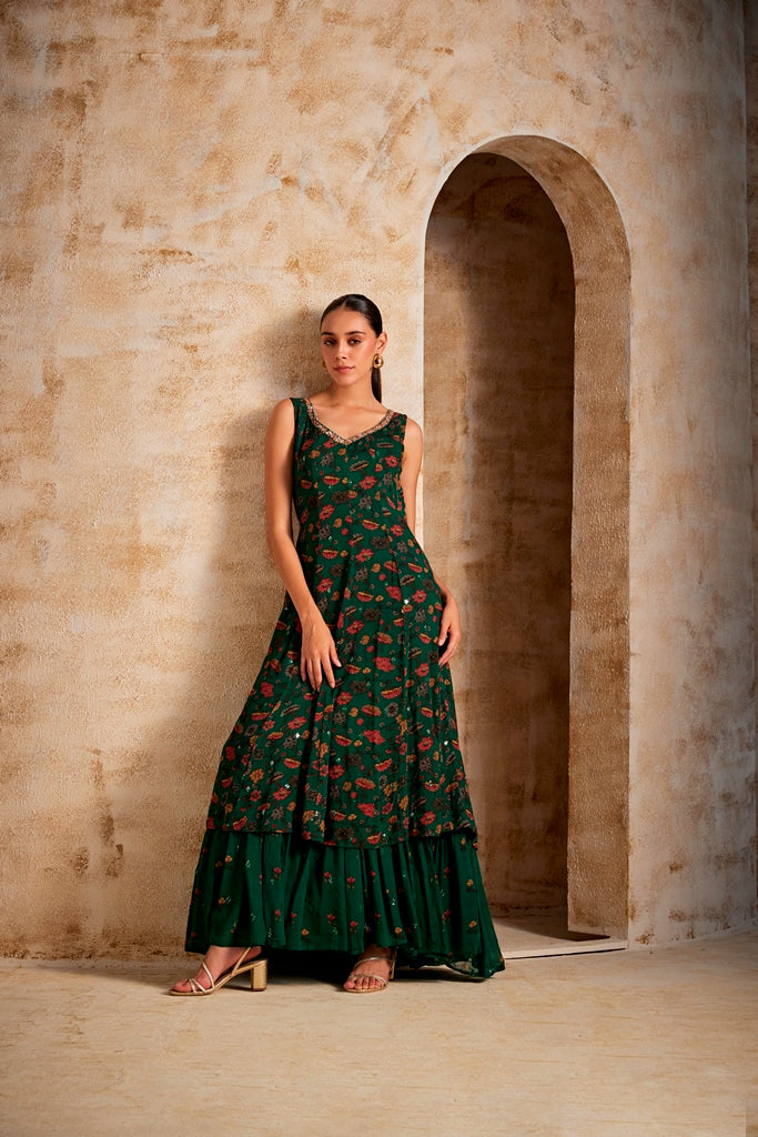 Neerus Women Bottle Green Color Georgette Fabric Gown