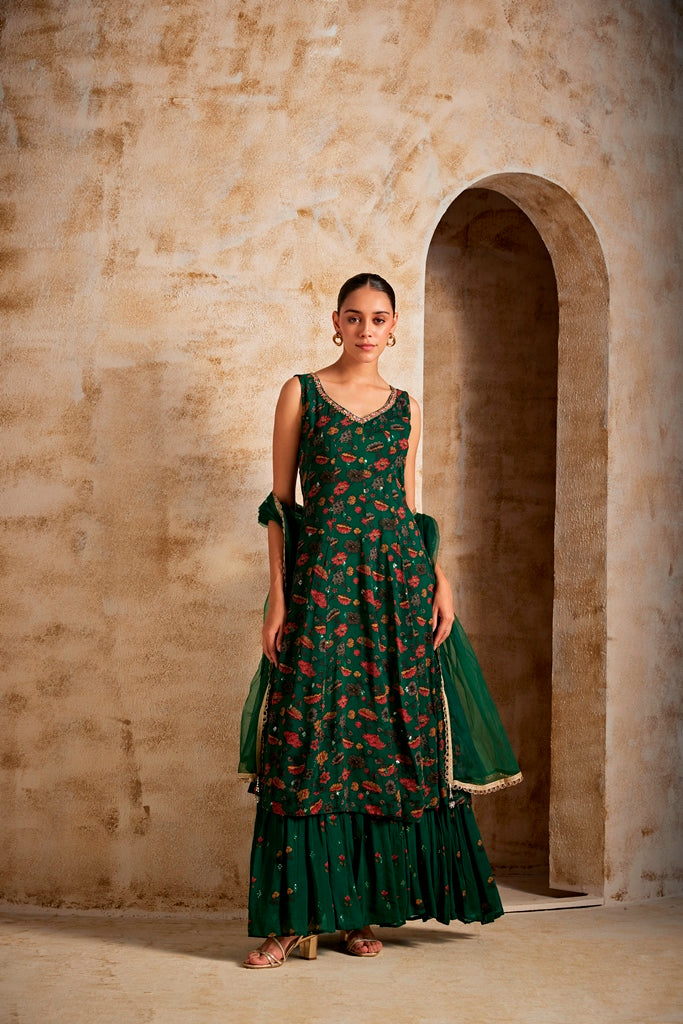 Neerus Women Bottle Green Color Georgette Fabric Gown