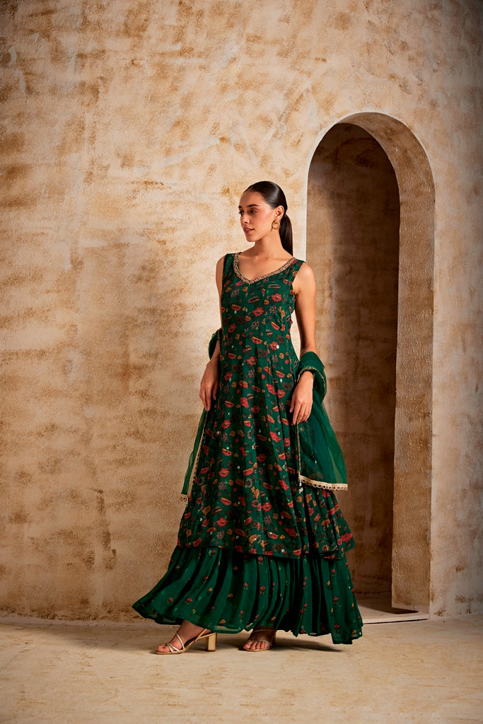 Neerus Women Bottle Green Color Georgette Fabric Gown